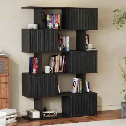 72.8" Black Sliding Door Etagere Bookshelf 5-Shelf Tall Book Shelf Rich Storage