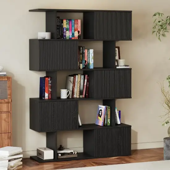 72.8" Black Sliding Door Etagere Bookshelf 5-Shelf Tall Book Shelf Rich Storage