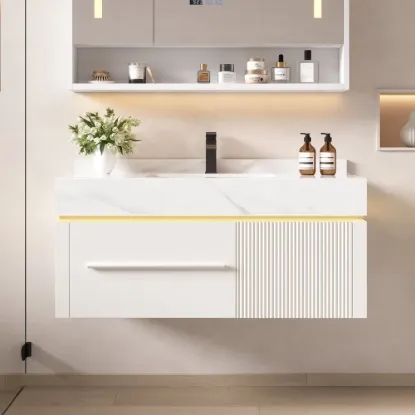 39.4" Wall-Mounted Bathroom Vanity with Sintered Stone Top, LED Sensor Light