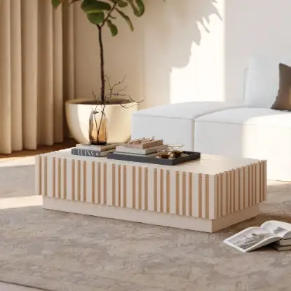 Picture of Aura 47" Ash Wood Slatted Coffee Table with Sintered Stone Top – Whitewash