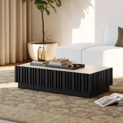Picture of Aura 47" Ash Wood Slatted Coffee Table with Sintered Stone Top – Black