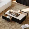Aura 47" Ash Wood Slatted Coffee Table with Sintered Stone Top – Black