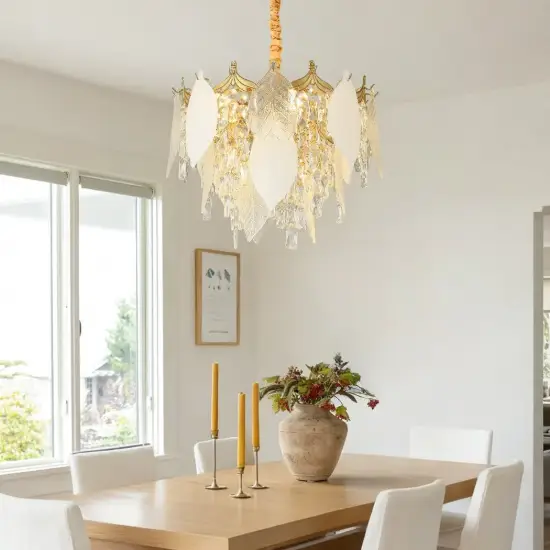 Luxury Tiered Leaf Glass & Crystal Chandelier with Adjustable Hanging Height