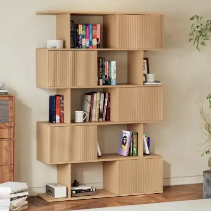 72.8" Natural Sliding Door Etagere Bookshelf 5-Shelf Tall Book Shelf Rich Storage