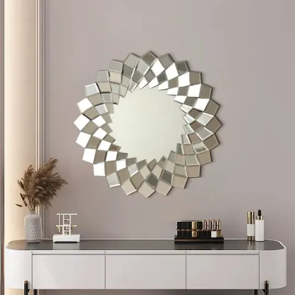 60cm Diamond-Shaped Wall Mirror, Silver Round Decorative Mirror