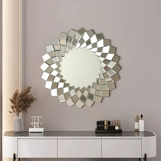 60cm Diamond-Shaped Wall Mirror, Silver Round Decorative Mirror