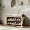 32'' Wood Veneer Whitewash Shoe Storage Entryway Bench with Shoe Rack