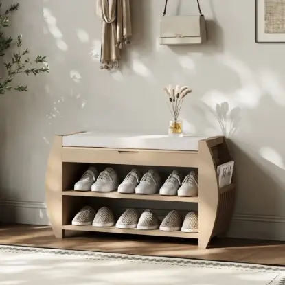 32'' Wood Veneer Whitewash Shoe Storage Entryway Bench with Shoe Rack