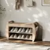 32'' Wood Veneer Whitewash Shoe Storage Entryway Bench with Shoe Rack