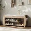 40'' Wood Veneer Whitewash Shoe Storage Entryway Bench with Shoe Rack