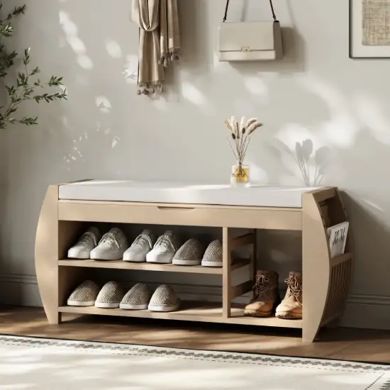 40'' Wood Veneer Whitewash Shoe Storage Entryway Bench with Shoe Rack