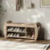 40'' Wood Veneer Whitewash Shoe Storage Entryway Bench with Shoe Rack