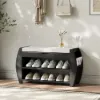 32" Solid Wood Black Shoe Storage Entryway Bench with Shoe Rack