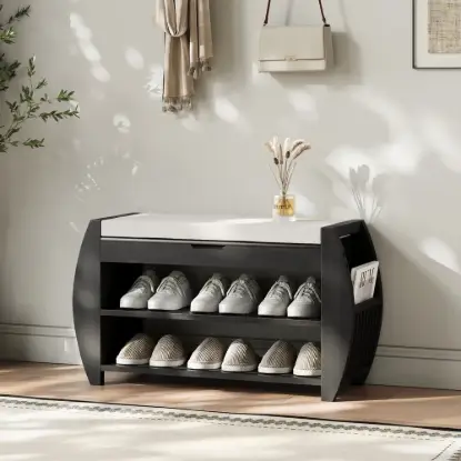 32" Solid Wood Black Shoe Storage Entryway Bench with Shoe Rack