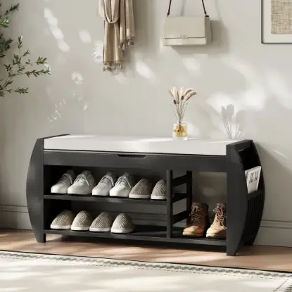 40'' Solid Wood Black Shoe Storage Entryway Bench with Shoe Rack