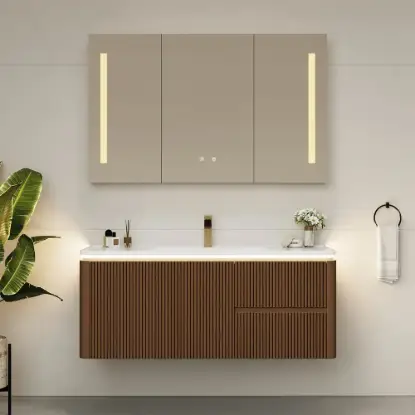 Modern 47" Floating Fluted Bathroom Vanity with Sink, Soft LED, Ample Storage – Walnut