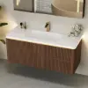 Picture of Modern 47" Floating Fluted Bathroom Vanity with Sink, Soft LED, Ample Storage – Walnut