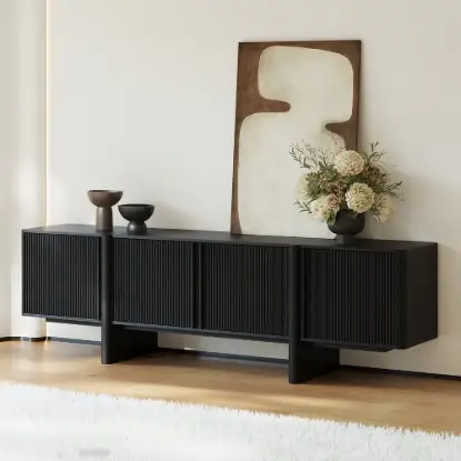 Picture of Lineva 200 cm Solid Wood Fluted Black TV Stand with Cabinets