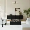 Lineva 200 cm Solid Wood Fluted Black TV Stand with Cabinets