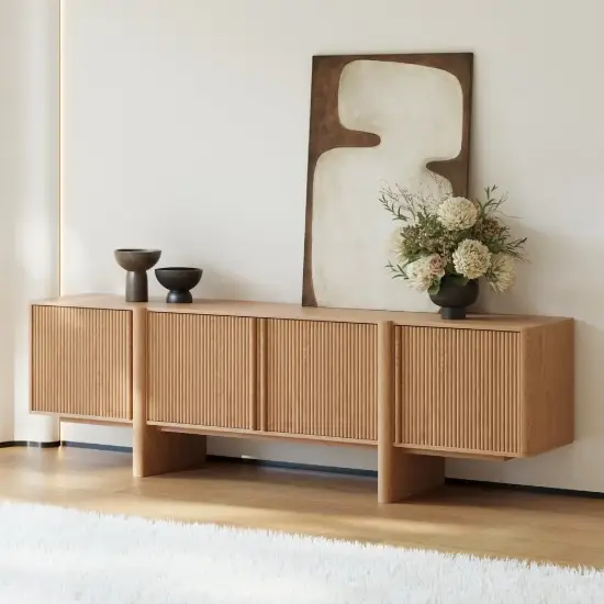 Lineva 200 cm Solid Wood Fluted Natural TV Stand with Cabinets