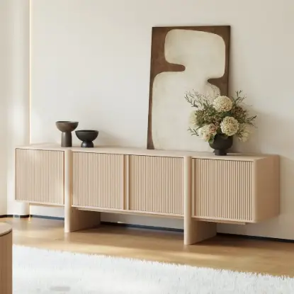 Picture of Lineva 200 cm Solid Wood Fluted Whitewash TV Stand with Cabinets