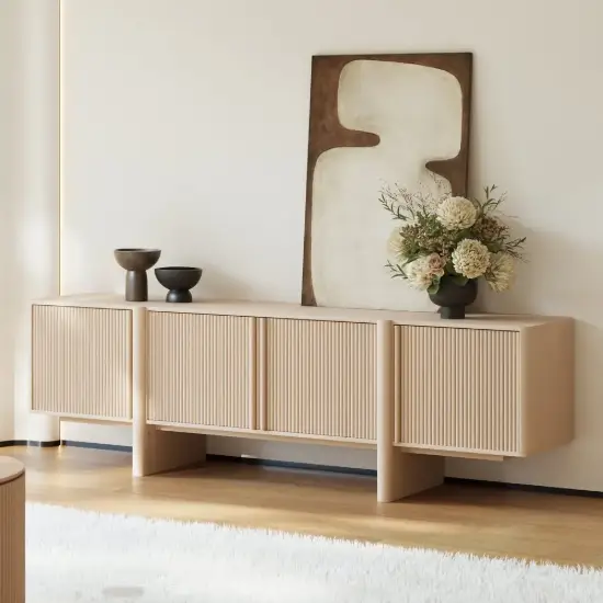 Lineva 200 cm Solid Wood Fluted Whitewash TV Stand with Cabinets