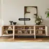 Lineva 200 cm Solid Wood Fluted Whitewash TV Stand with Cabinets