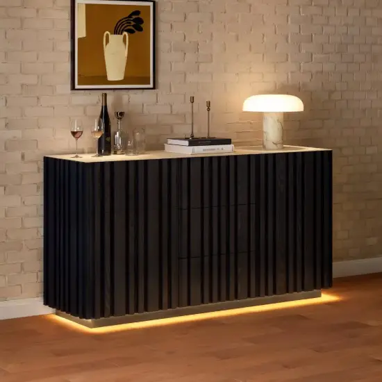 Aura 60" Black Faux Travertine Sideboard with Ash Wood Slatted Doors & LED Light