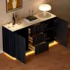 Aura 60" Black Faux Travertine Sideboard with Ash Wood Slatted Doors & LED Light