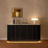 Aura 60" Black Faux Travertine Sideboard with Ash Wood Slatted Doors & LED Light