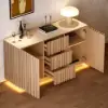 Aura 60" Natural Faux Travertine Sideboard with Ash Wood Slatted Doors & LED Light