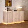 Aura 60″ Whitewash Faux Travertine Top Buffet Sideboard with Ash Wood Slatted Panels & Light