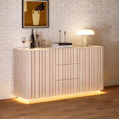 Aura 60″ Whitewash Faux Travertine Top Buffet Sideboard with Ash Wood Slatted Panels & Light