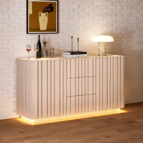 Aura 60″ Whitewash Faux Travertine Top Buffet Sideboard with Ash Wood Slatted Panels & Light