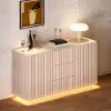 Aura 60″ Whitewash Faux Travertine Top Buffet Sideboard with Ash Wood Slatted Panels & Light