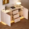 Aura 60″ Whitewash Faux Travertine Top Buffet Sideboard with Ash Wood Slatted Panels & Light