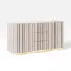 Aura 60″ Whitewash Faux Travertine Top Buffet Sideboard with Ash Wood Slatted Panels & Light