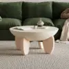 Picture of Curva 30" Round Concrete-Look Fiberglass Coffee Table with Wood Legs – Beige – Whitewash