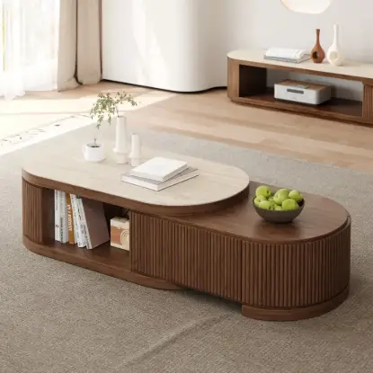 Picture of Velar 47"-67" Extendable Fluted Coffee Table with Sintered Stone Top & Storage