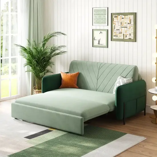 170 cm 2-Seater Green Velvet Convertible Sleeper Sofa with Storage & Pillows – Full