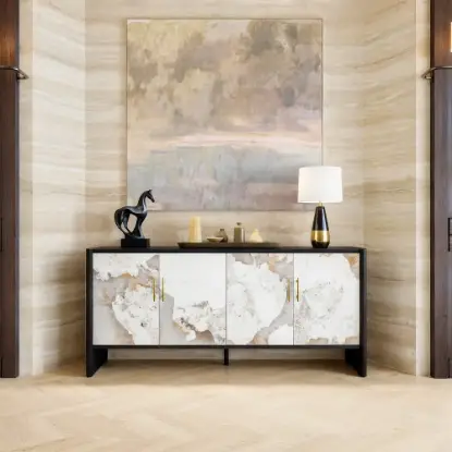 Modern 72" Sintered Stone Sideboard with Oak Wood Frame & Adjustable Shelves
