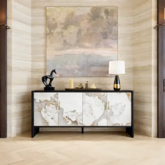 Modern 72" Sintered Stone Sideboard with Oak Wood Frame & Adjustable Shelves