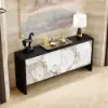 Modern 72" Sintered Stone Sideboard with Oak Wood Frame & Adjustable Shelves