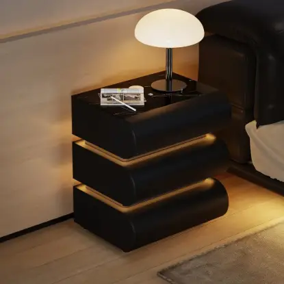 Picture of Humply Black Faux Leather 3-Drawer LED Bedside Table with Charging Station
