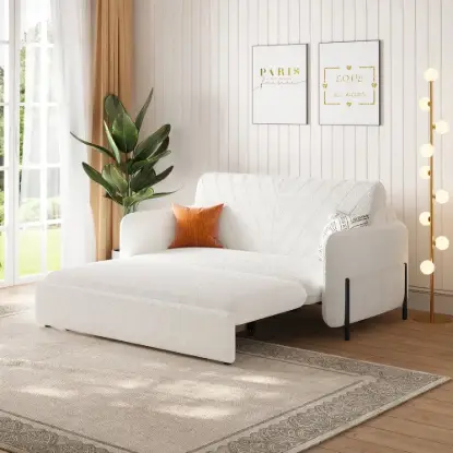 170 cm 2-Seater Warm White Boucle Convertible Sleeper Sofa with Storage & Pillows – Full