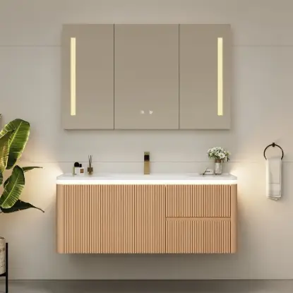 Modern 47" Floating Fluted Bathroom Vanity with Sink, Soft LED, Ample Storage – Warm White