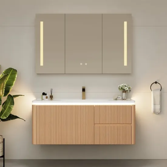 Modern 47" Floating Fluted Bathroom Vanity with Sink, Soft LED, Ample Storage – Warm White