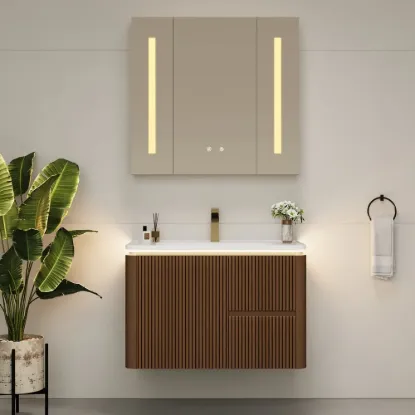 Modern 80 cm Floating Fluted Bathroom Vanity with Sink, Soft LED, Ample Storage