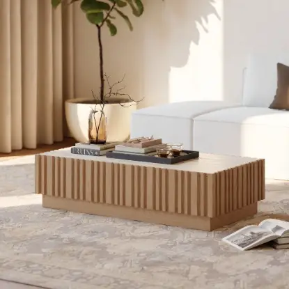Picture of Aura 47" Ash Wood Slatted Coffee Table with Sintered Stone Top – Natural