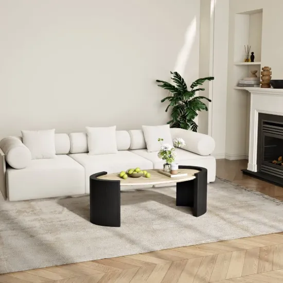 43" Japandi Oval Travertine Stone Top Coffee Table – Black